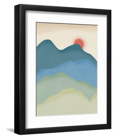 Blue and Green Minimal Mountain - Black Framed Art Print Wall Art, 9x12