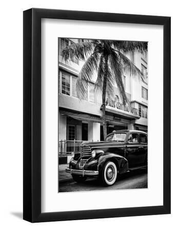 Classic Antique Car of Art Deco District - Park Central Hotel on Ocean Drive - Miami Beach - Black Framed Art Print Wall Art, 8x12