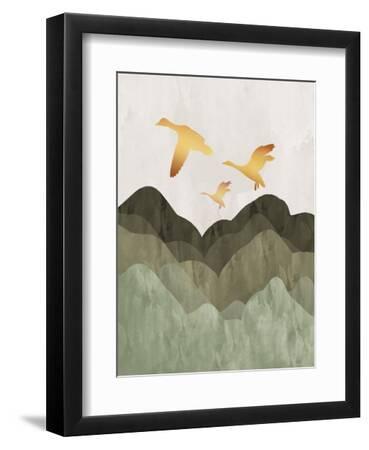 Golden Birds Flying over Mountains - Black Framed Art Print Wall Art, 9x12