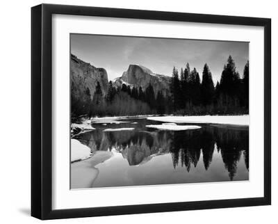 Half Dome Above River and Winter Snow, Yosemite National Park, California, USA - Black Framed Art Print Wall Art, 16x12