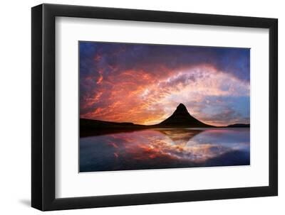 Incredible Sunset over Kirkjufell Mountain - Black Framed Art Print Wall Art, 12x8