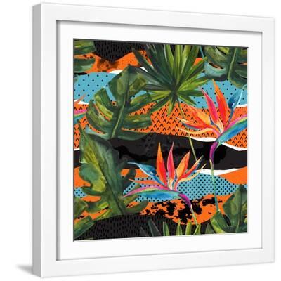 Abstract Tropical Summer Pattern - Watercolor Exotic Flower, Monstera, and Palm Leaves - White Framed Art Print Wall Art, 16x16
