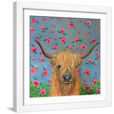 Highland Cow with Flowers - White Framed Art Print Wall Art, 16x16